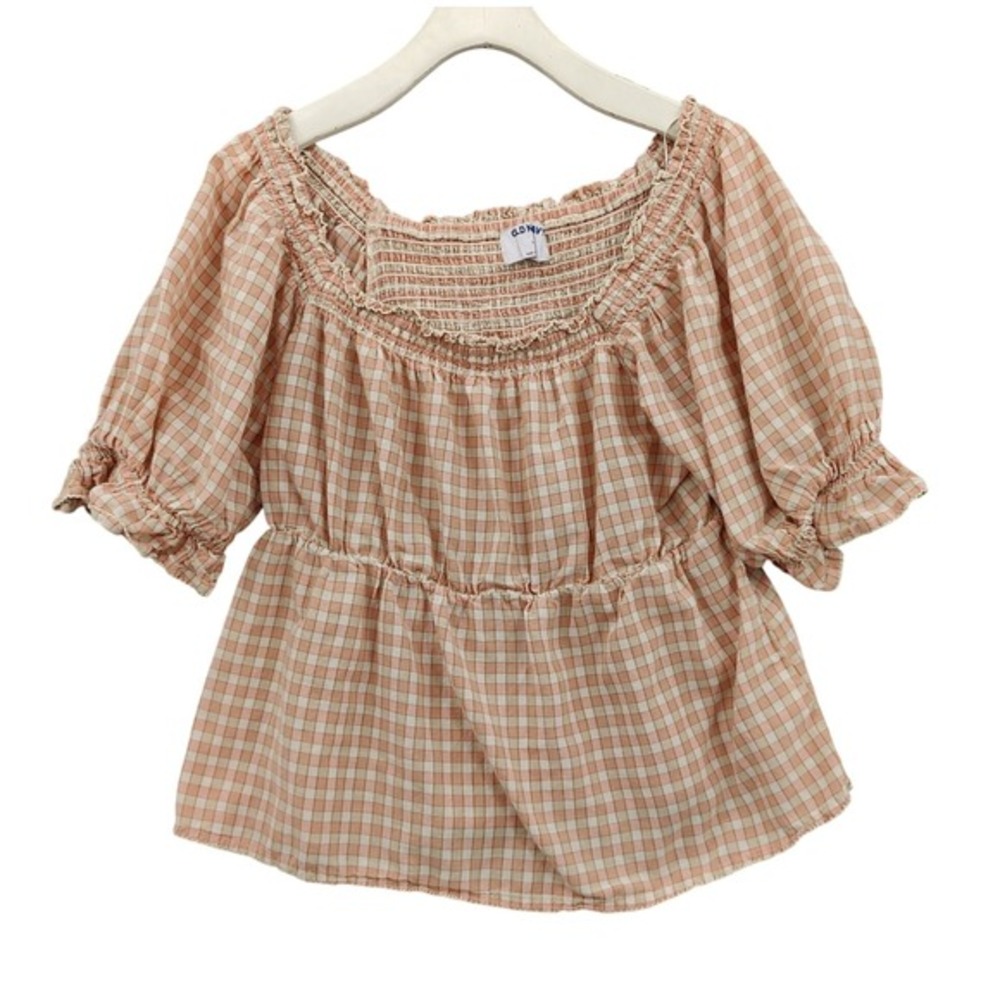 Old Navy Womens Farm Gingham Prairie Cottage Peplum Top L Cream Smocked Blouse